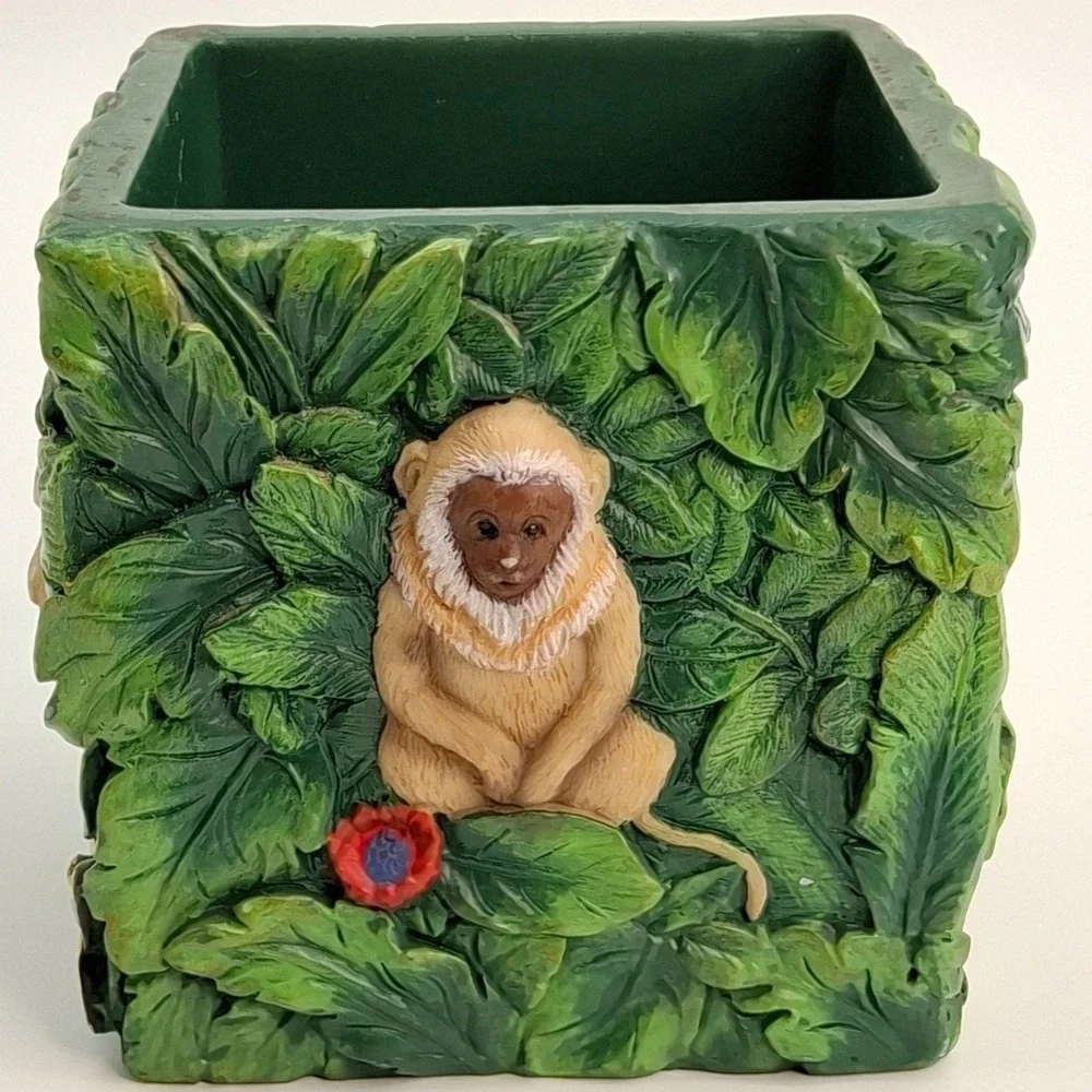 Vtg Kmart Jungle Rainforest Animals Jar/Planter/Bathroom Collection Green Leaves